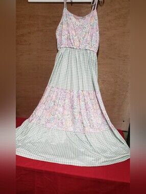 Pastel Pink & Mint Floral Gingham Maxi Dress with Adjustable Straps